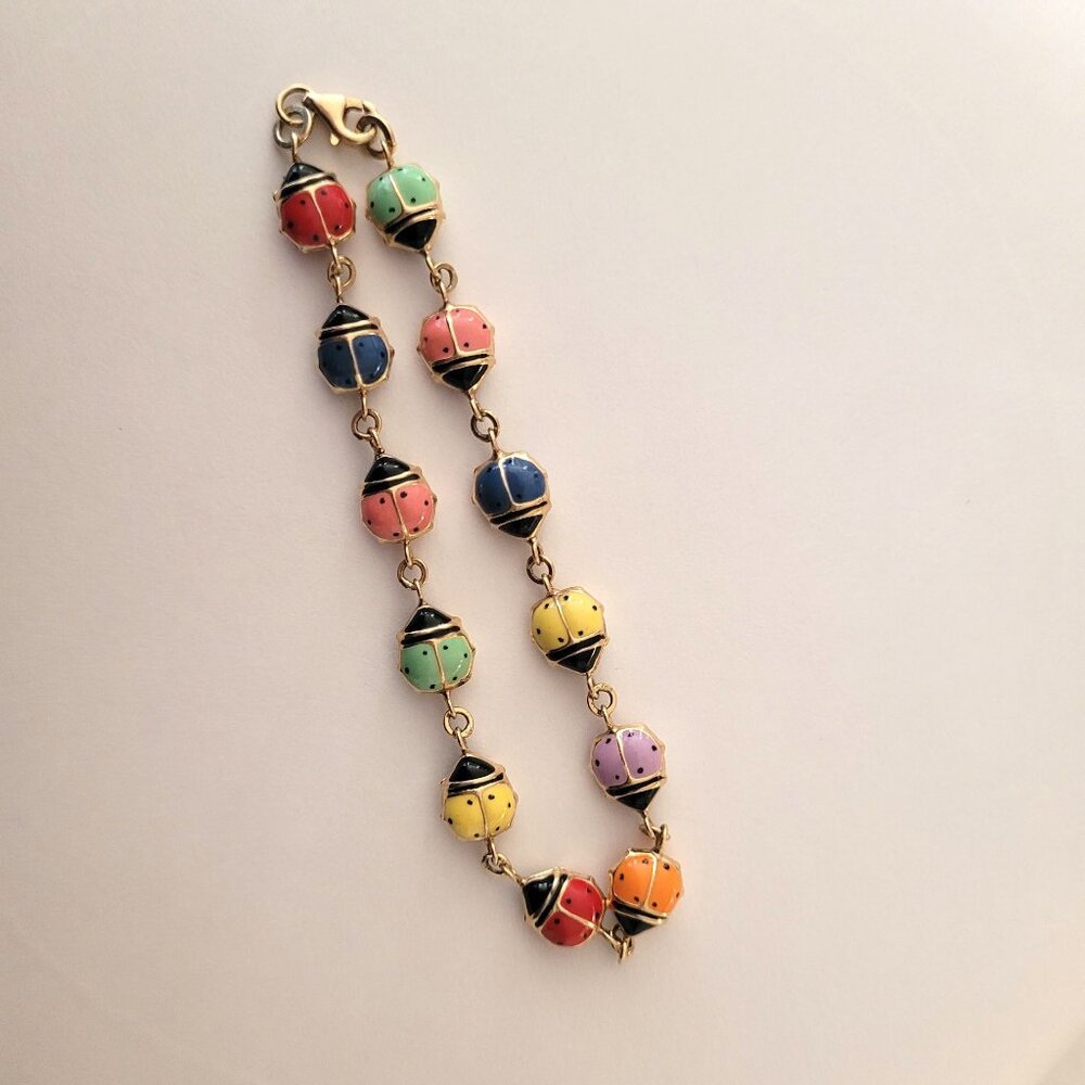 Lady Bug Multicolor Puffy Enamel Bracelet 10k Yellow Gold 3D - Picture 3 of 13